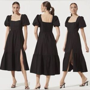 ASTR the label Square neck poplin tiered puff sleeve midi dress black XL